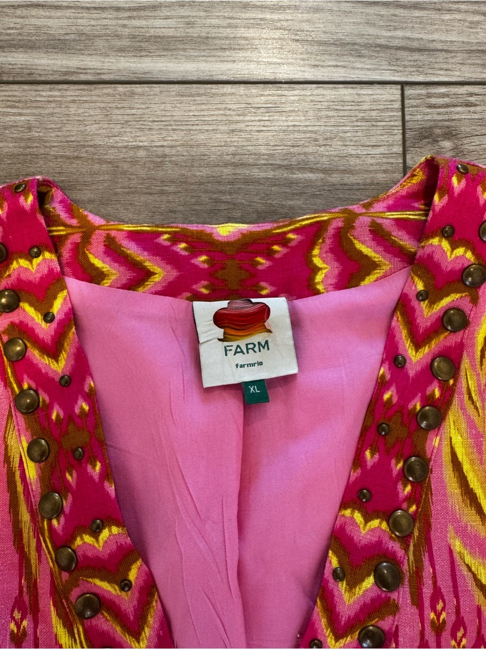 FARM Rio Pineapple Tapestry Studded Linen Shift Dress Size XL - Picture 5 of 7